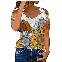 Women Sexy Cold Shoulder Shirts Summer Casual V Neck Tunic Trendy Tops Classy Lace Patchwork Short Sleeve Blouse