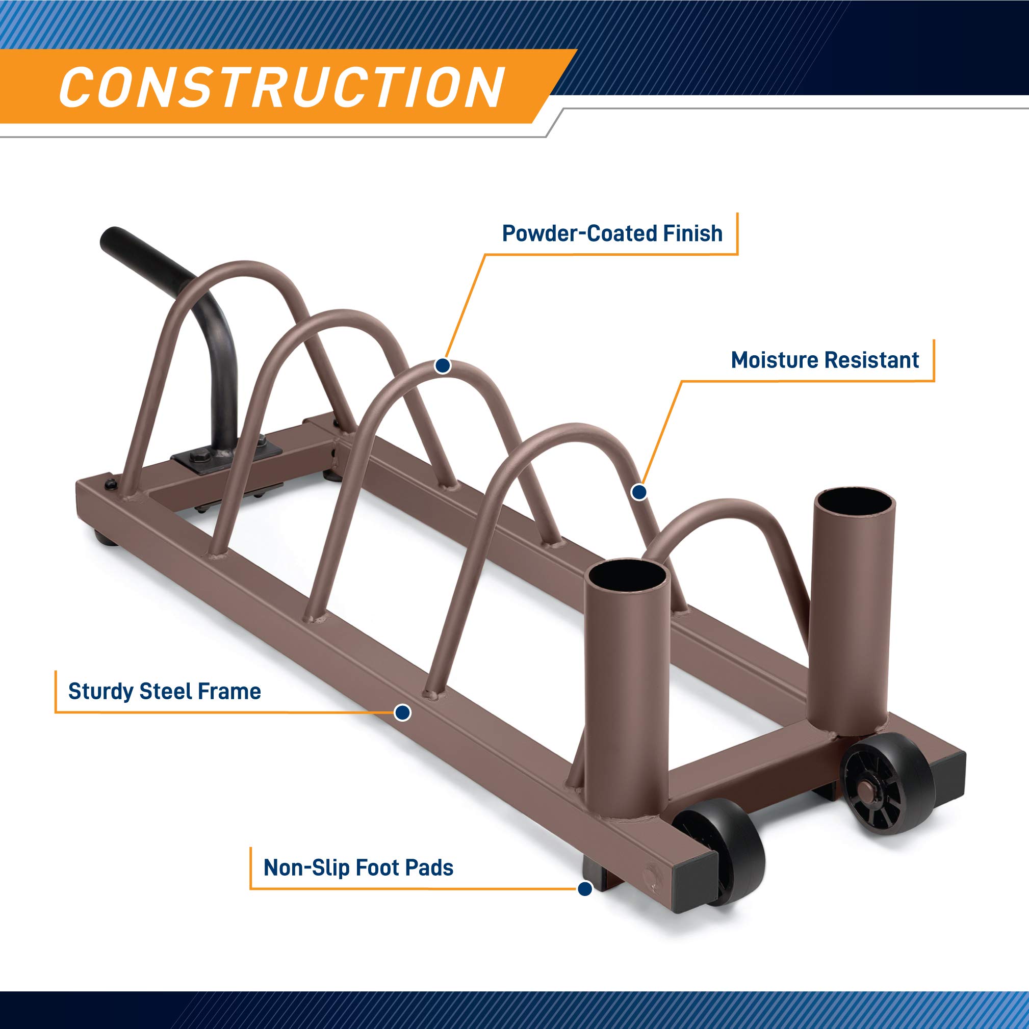 Steelbody Horizontal Plate and Olympic Bar Rack Organizer with Steel Frame and Transport Wheels STB-0130, brown