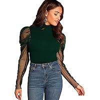 Romwe Women's Mesh Puff Sleeve High Neck Slim Fit Party Blouse Top