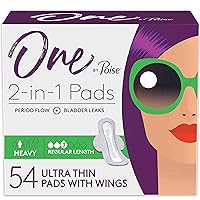 One by Poise Feminine Pads with Wings (2-in-1 Period & Bladder Leakage Pad for Women), Regular, Heavy Absorbency for Period Flow, Light Absorbency for Bladder Leaks, 54 Count (3 Pack of 18)