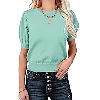 Womens Puff Short Sleeve Sweater Tops Crewneck Basic Knit Pullover Lightweight Solid Casual Sweaters Blouse