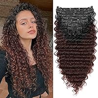 Wine red Curly Clip In Hair Extension For Black Women Natural Thick Deep Wave Hair Extension Clips Synthetic Long 24 inch hair extensions clip in Hairpiece(Deep Wave,T1B/33(Pack of 7)