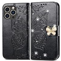 Flip Case for iPhone 14 Pro, iPhone 14 Pro Case Wallet Case with Kickstand Card Holder Slot Butterfly Design Premium Leather Protective Case for iPhone 14 Pro Bling Butterfly Black SD