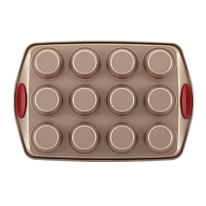 Rachael Ray Cucina Nonstick Bakeware Set Baking Cookie Sheets Cake Muffin Bread Pan, 10 Piece, Latte Brown with Cranberry Red Grips