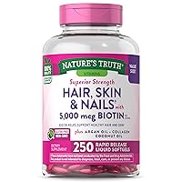 Nature's Truth Hair, Skin & Nails Vitamins with Biotin | 5000mcg | 250 Softgels | Includes Collagen and Coconut Oil | Non-GMO & Gluten Free Daily Supplement for Women and Men