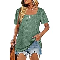 WIHOLL Womens Square Neck T-Shirts Short Sleeve Eyelet Summer Tops 2024 Trendy