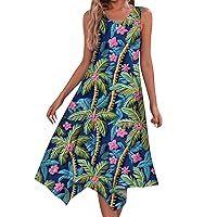 Women Sundresses Beach Dress for Women 2024 Summer Fashion Flowy Ruched Casual with Sleeveless Round Neck Swing Dresses Dark Green Large