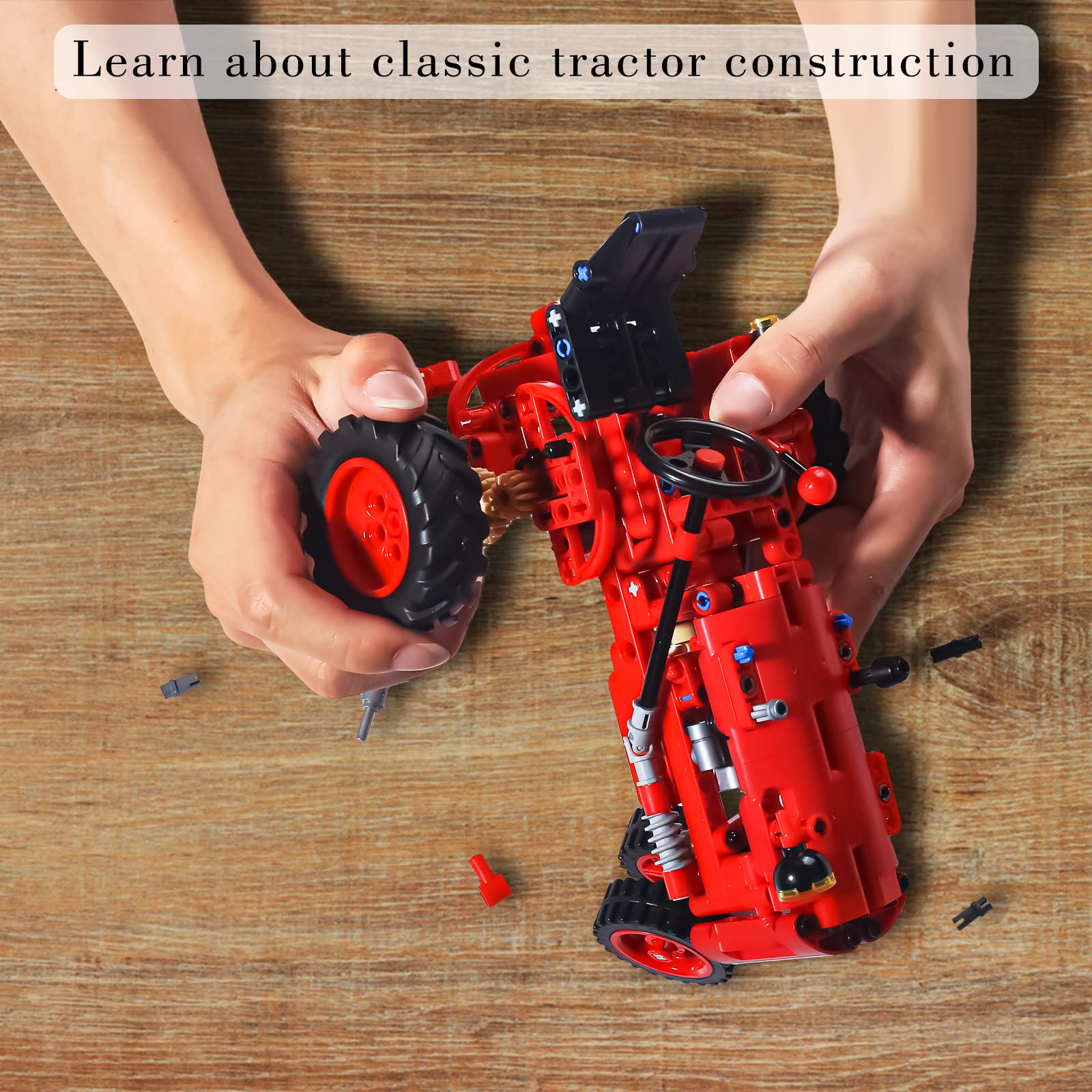 A XINAO TOYS Classic Building Blocks 1/12 Red Tractor Farm Toy Building Set Gift for Kids Ages 6 7 8 9 10 11 12 Includes Shifting Structure, Steering Structure Features (Classic Edition)