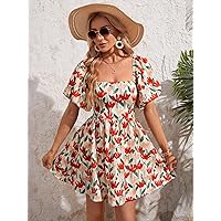 Dresses for Women Floral Print Square Neck Puff Sleeve Dress (Color : Multicolor, Size : Small)