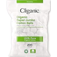 Cliganic Organic SUPER JUMBO Cotton Balls (200 Count) - Biodegradable, Hypoallergenic, Absorbent, Large Size, 100% Pure