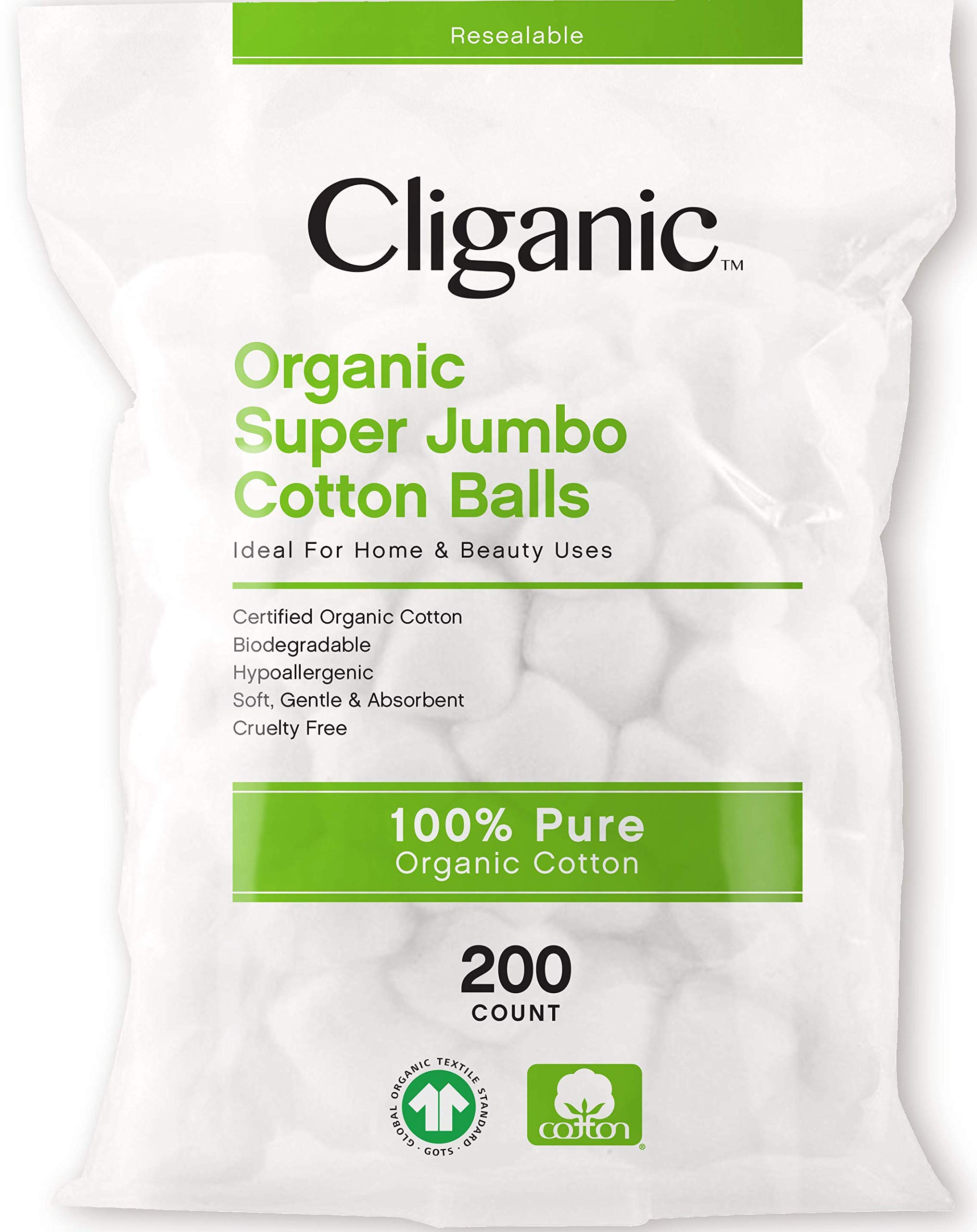 Cliganic Organic Super Jumbo Cotton Balls (200 Count) - Hypoallergenic, Absorbent, Large Size, 100% Pure