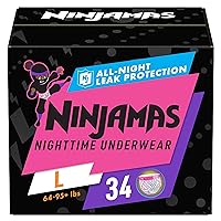Ninjamas Nighttime Bedwetting Underwear Girls Size L (64-125 lbs) 34 Count (Packaging & Prints May Vary)