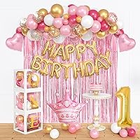 1st Birthday Decorations for Girls 'ONE' Boxes, Pink Gold Confetti Balloons, Happy Birthday Banner, Fringe Curtain, Crown Number Foil Balloons Baby Girl First Birthday Party Supplies Backdrop