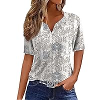 Summer Tops for Women 2024 T Shirt Tee Print Button Short Sleeve Daily Weekend Fashion Basic V- Neck Regular Top