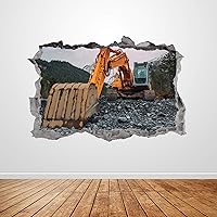 Excavator Wall Decal Smashed 3D Graphic Construction Truck Wall Sticker Art Mural Poster Kids Room Decor Gift UP307 (70