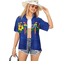 LA LEELA Women's Button Down Blouses Casual Summer Beach Party Blouse Shirt Hawaii Blouses Short Sleeve Tropical Vacation Button Up Dress Hawaiian Shirts for Women XXL Leaves, Blue