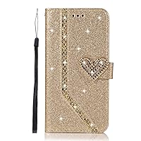 ONNAT-PU Wallet Case for iPhone 12 Pro Max/12 Pro/12 Sparkling Diamond Heart Decoration Case with Card and Cash Slot Magnetic Closure with Wrist Rope (12 Pro Max,Gold)