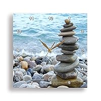 Zen Stone Tower on Pebble Beach - Peaceful Harmony - Stacked Shiny Round Ocean Sea Rocks - Balance - Wall Clock, 13 by 13