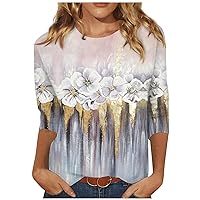 Womens Tops 3/4 Sleeve Crewneck Cute Shirts Casual Print Trendy Tops Three Quarter Length T Shirt Summer Pullover
