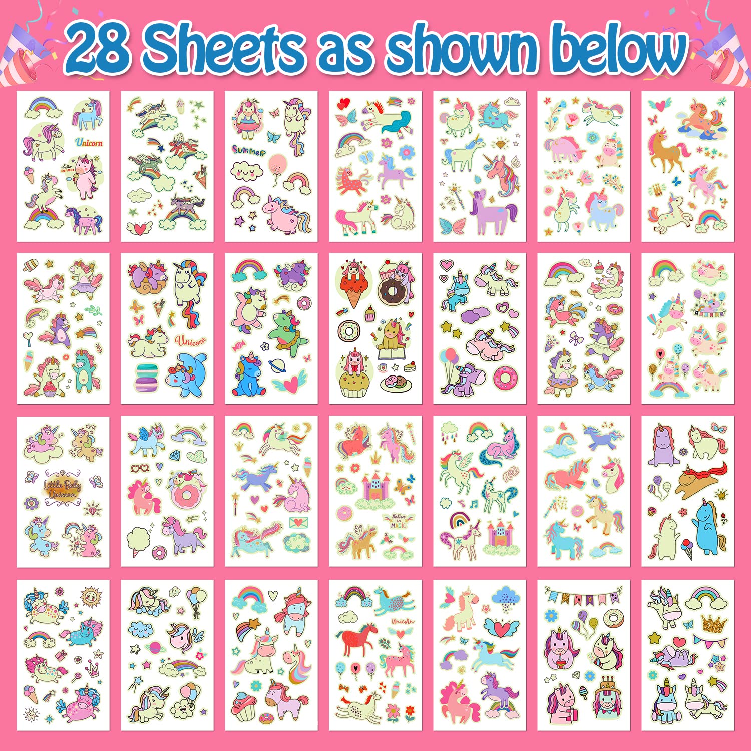 Partywind 28 Sheets (370 Styles) Luminous Unicorn Kids Temporary Tattoos, Glow Unicorn Party Supplies Favors Gifts for Girls, Unicorn Games Toys Goodie Bag Stuffers for Party