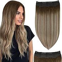 Fshine Invisible Human Hair Extensions Clip in Hair Extensions with Invisible Transparent Wire 14 Inch Secret Headband Hair Extensions Balayage Walnut Brown to Ash Brown and Butter Blonde 100g