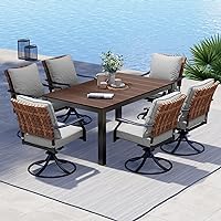 Grand patio 7-Piece Outdoor Dining Set, 6 Steel Leather-Look Resin Wicker Swivel Patio Chairs & 1 Rectangular Woodgrain Dining Table, Brown