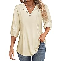 Dresswel 3/4 Sleeve Tops for Women Collared V Neck Pleated Linen Shirts Business Casual Office Work Tops Dressy Tops Blouse