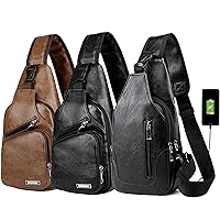 Peicees Pack of 3 Medium Leather Sling Bag Mens Crossbody Bag Chest Bag Sling Backpack for Men with USB Charge Port, Medium Classic Light Brown & Classic Black & Vertical Zipper Black