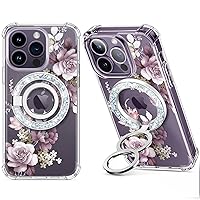 GVIEWIN Bundle - Compatible with iPhone 14 Pro Case (Cherry Blossoms/Purple) + Magnetic Phone Ring Holder (Glitter/Silver)