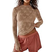 Flygo See Through Mock Neck Tops for Women Long Sleeve Layering Shirts Lace Sheer Mesh Tops(LightKhaki-M)
