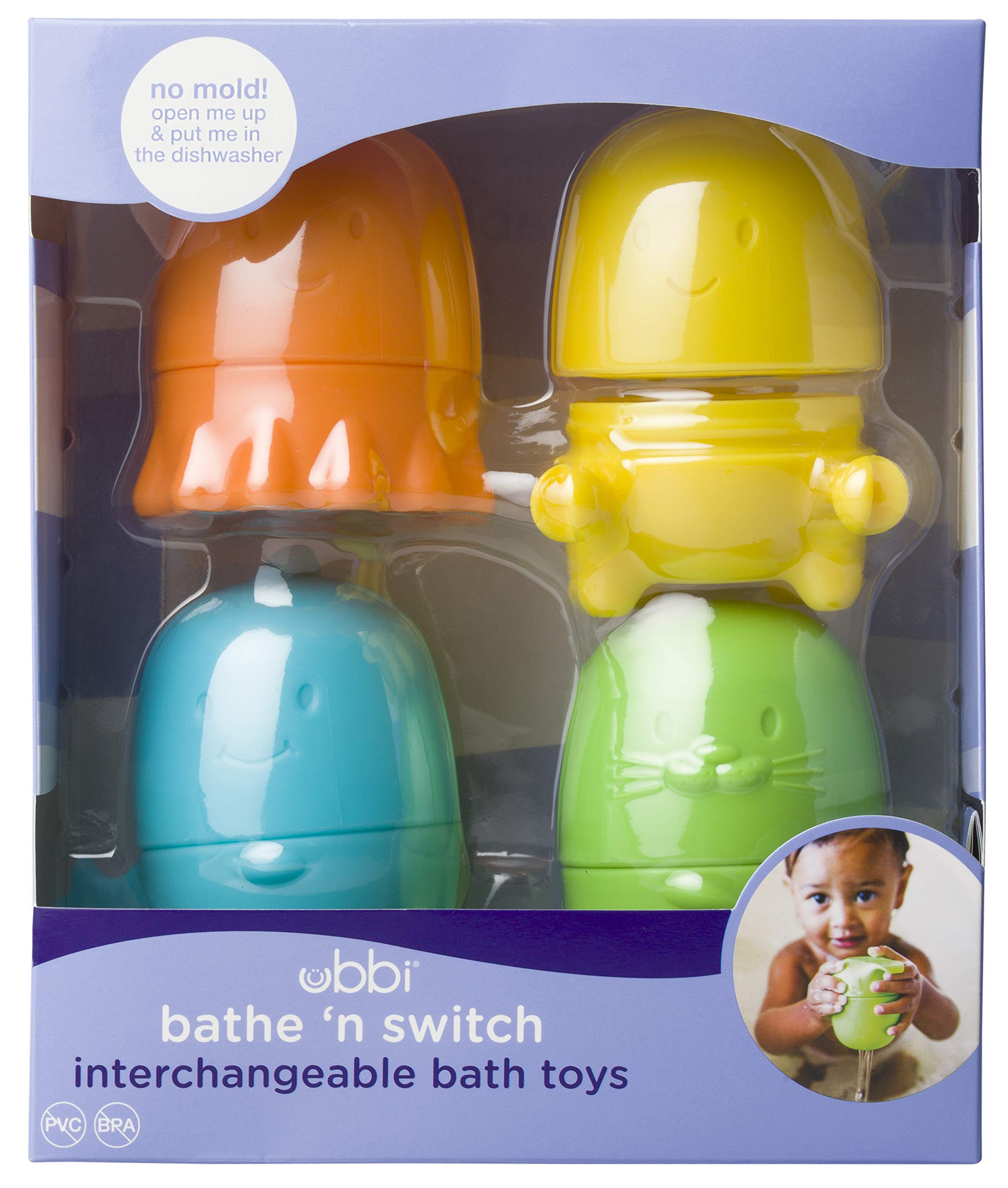 Ubbi Interchangeable Bath Toys for Toddlers and Baby, Colorful Mix and Match Baby Bath Accessory, Water Toys for Toddler Bath Playtime, Set of 4 (Pack of 3)