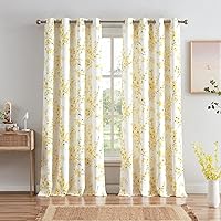 Floral Curtains 84 Inches Long for Living Room, Farmhouse Yellow Apricot Flower Print White Decorative Grommet Drapes, 52x84 Inch, 2 Panels