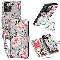 HOGGU iPhone 14 Pro Max Case Wallet [Support Magsafe] Magnetic Detachable Floral Flip PU Leather Case with Card Holder RFID Blocking, Hand Strap, iPhone 14 Pro Max Wallet Case for Women Girls-Gray