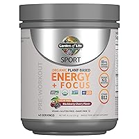 Sport Organic Plant-Based Energy + Focus Vegan Clean Pre Workout Powder, Sugar & Gluten Free BlackBerry Cherry with 85mg Caffeine, Natural NO Booster, B12, 40 Servings, 8.14 Oz