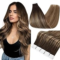 Fshine Tape in Hair Extensions Human Hair Glue on Extensions Balayage Ombre Color 2 Darkest Brown Fading to 3 And 27 Honey Blonde Hair Extensions Tape in Human Hair 12 Inch 30 Gram