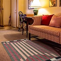 Indian Hand Made Cotton Dhurrie Striped Green & Beige Area Rug Home Decorative Bohemian Kilim Rug Entryway Throw Rug for Living Room Laundry Room Bed Room Bathroom 2.6x4 Feet Runner