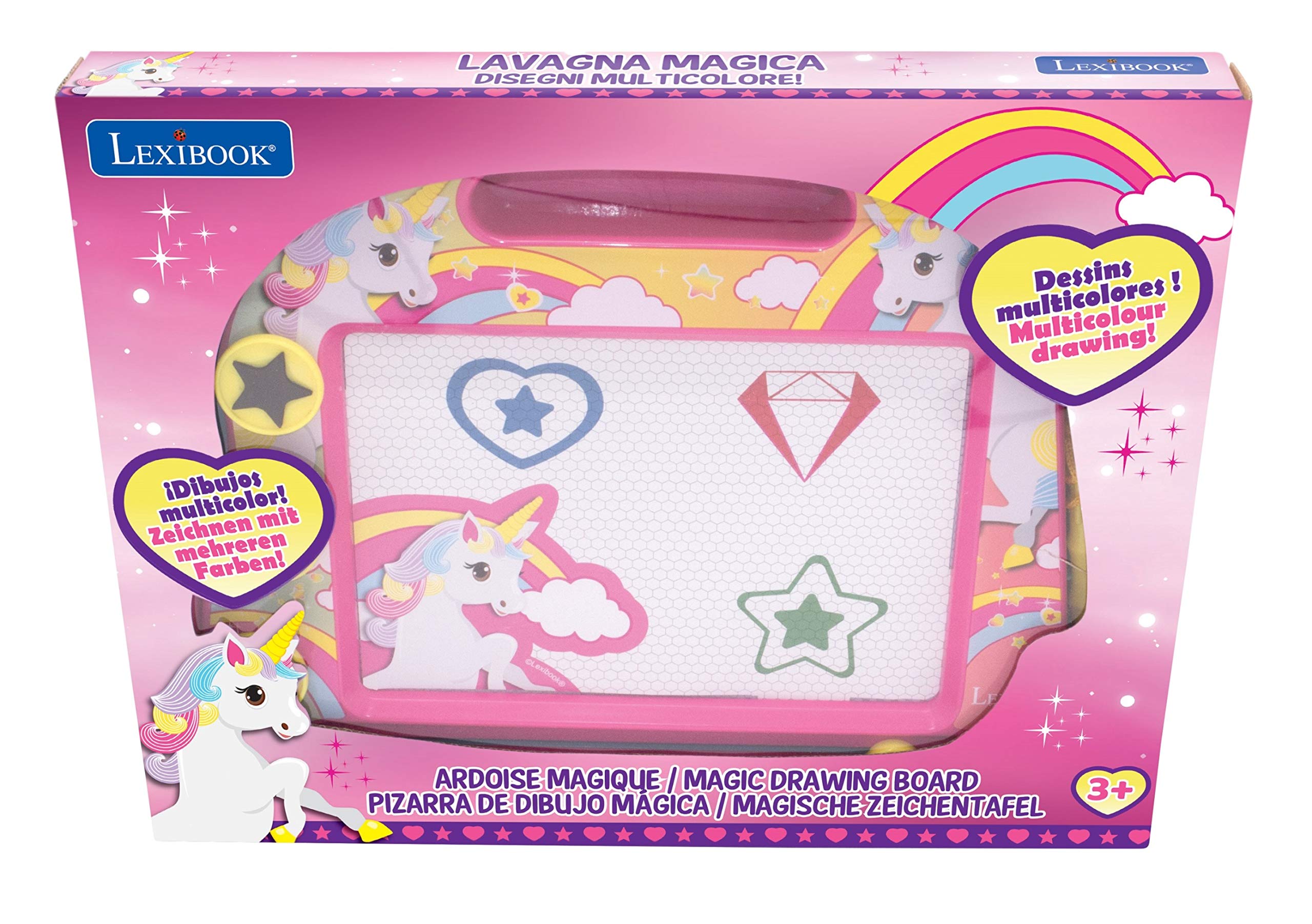LEXiBOOK, Multicolor Magic Magnetic Unicorn Drawing Board, Artistic Creative Toy for Girls and Boys, Stylus Pen and Stamps, Pink/Blue, CRUNI550