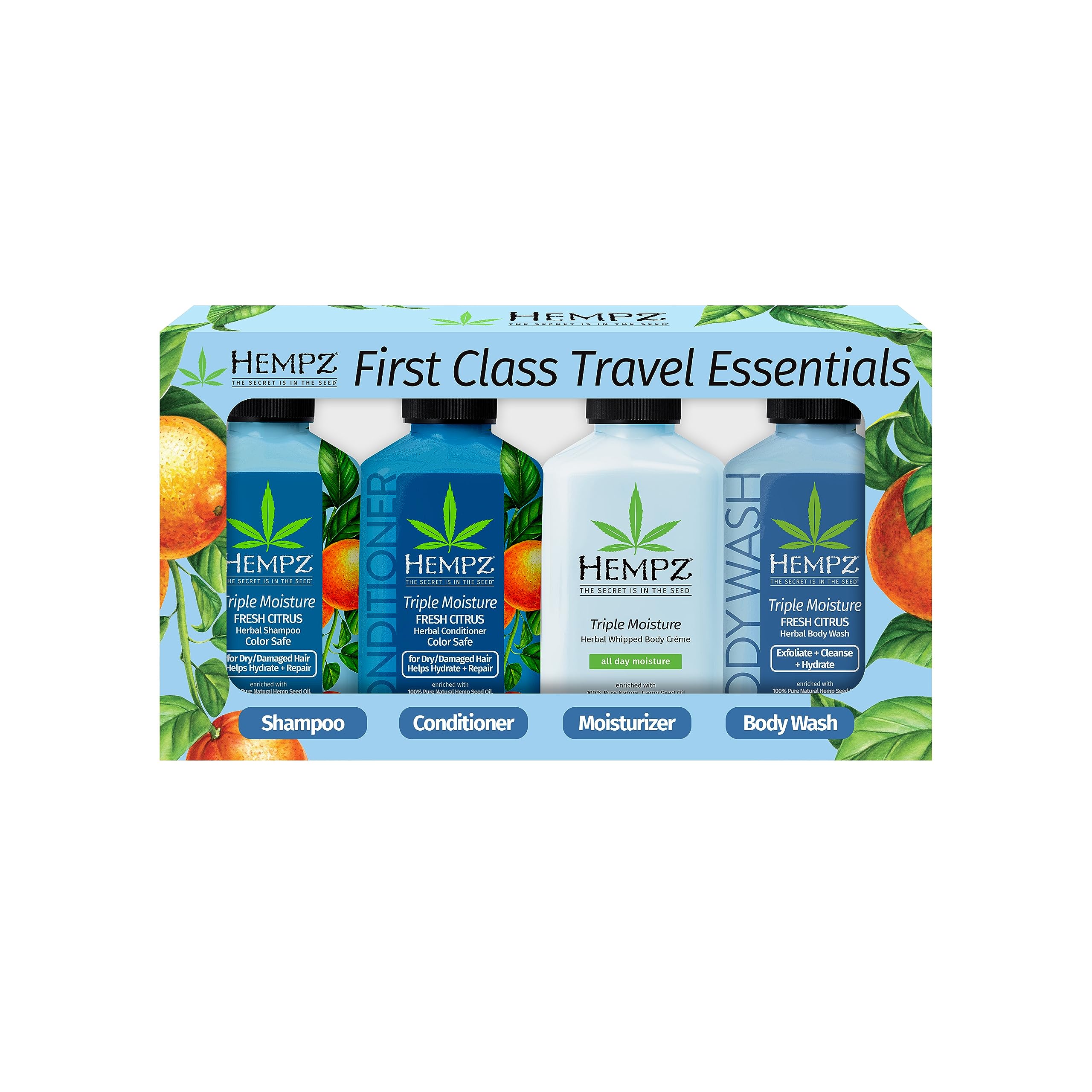 Hempz First Class Travel Essentials – Triple Moisture Fresh Citrus Herbal Conditioner, Moisturizer, & Body Wash for Traveling Bath or Shower, Hair & Skin Care for Women or Men, 4-Pack, 2.5 Oz Bottles
