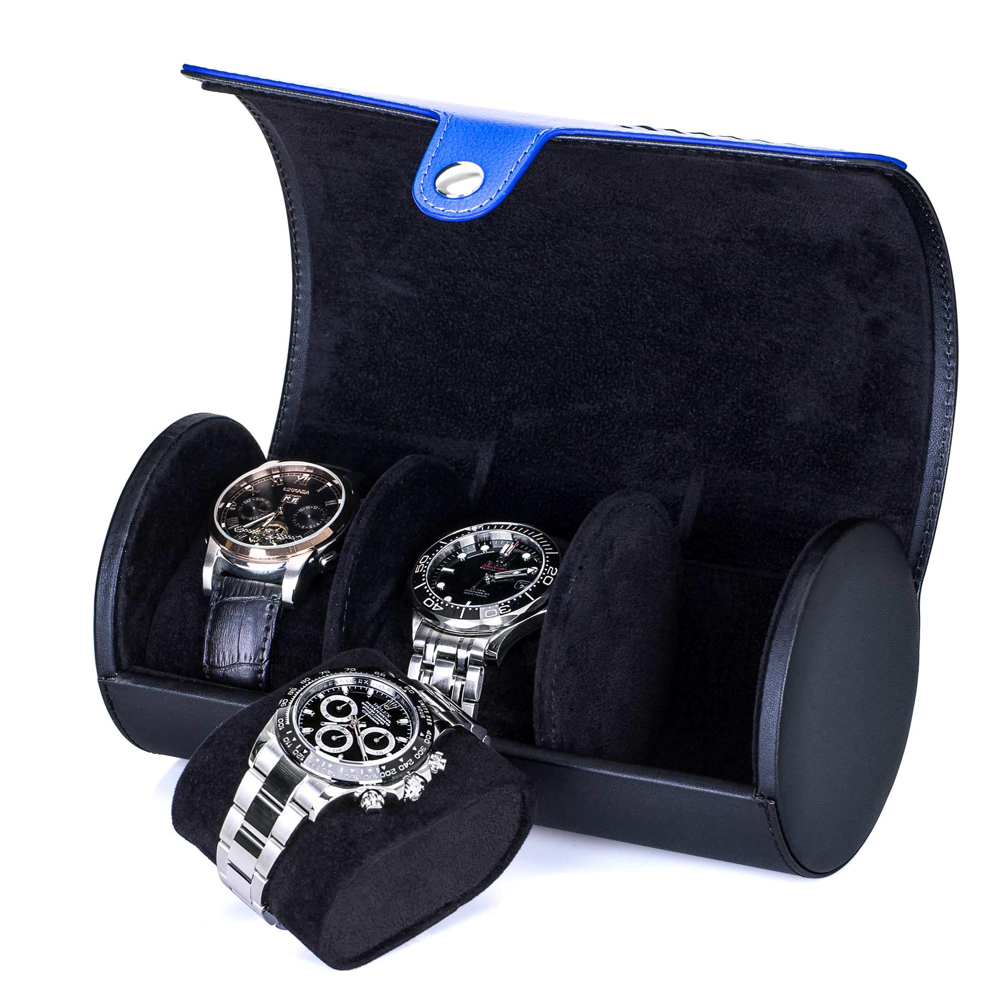 TRIPLE TREE Watch Roll, Travel Watch Case For 3 Watch, Travel Watch Box with Velvet Sections to Prevent Scratching or Impact (Black)