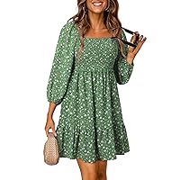 Dokotoo Womens Spring Summer Dresses Boho Floral Square Neck Smocked 3/4 Sleeve Casual A-Line Swing Mini Babydoll Dress