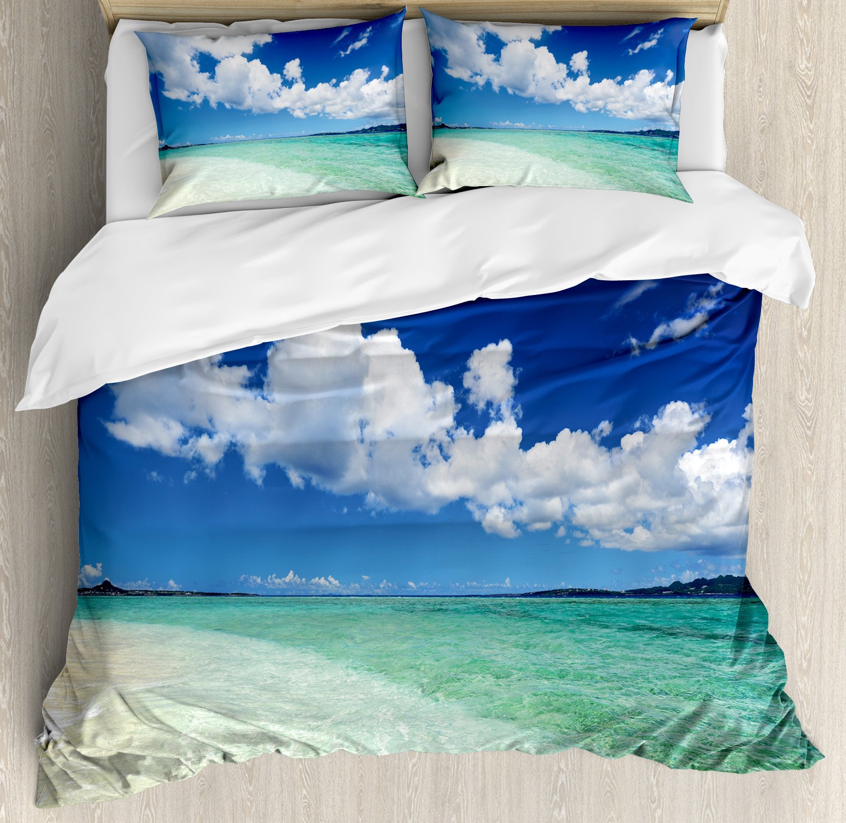 Ambesonne Ocean Duvet Cover Set, Island Sea Life Wavy Vivid Open Sunny Sea Shore Sand Beach Art Print Image, Decorative 3 Piece Bedding Set with 2 ...