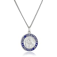 Amazon Collection Sterling Silver Round Saint Christopher Medal Pendant Necklace with Blue Epoxy Edge and Rhodium Plated Stainless Steel Chain