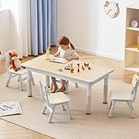 Kids Study Table and Chairs Set, Height Adjustable Toddler Table and Chair Set for Kids Ages 3-8, Graffiti Desktop (Burlywood - 2)