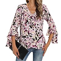 Womens Summer Chiffon Blouses Floral Print V-Neck Bell Sleeve Tops Dressy Casual T-Shirts Fashion 2023