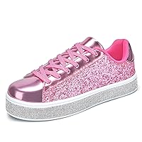 Women's Glitter Tennis Sneakers Neon Dressy Sparkly Sneakers Rhinestone Bling Wedding Bridal Shoes Shiny Sequin Shoes