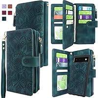 Harryshell Detachable Magnetic Zipper Wallet Leather Case with Cash Coin Pocket 12 Card Slots Holder Wrist Strap Lanyard Compatible with Google Pixel 6A 5G (2022) (Flower Teal)