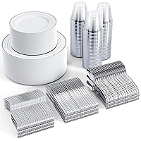 FOCUSLINE 600pcs Silver Dinnerware Set for 100 Guests, Silver Rim Plastic Plates Disposable, 100 Dinner Plates, 100 Salad Plates, 100 Cups, 100 Silver Silverware Set for Wedding Parties