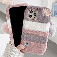 Girly Faux Fur Phone Case with 2PCS Glass Screen Protector,Cute Love Heart Ball Pendant Soft Fluffy Furry Shockproof Protective Phone Cover (Pink & Gray,for BlackBerry Motion)