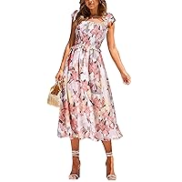 PRETTYGARDEN Women Summer Dresses 2024 Tie Strap Square Neck Smocked Ruffle Flowy Floral Print Boho Maxi Cocktail Dress