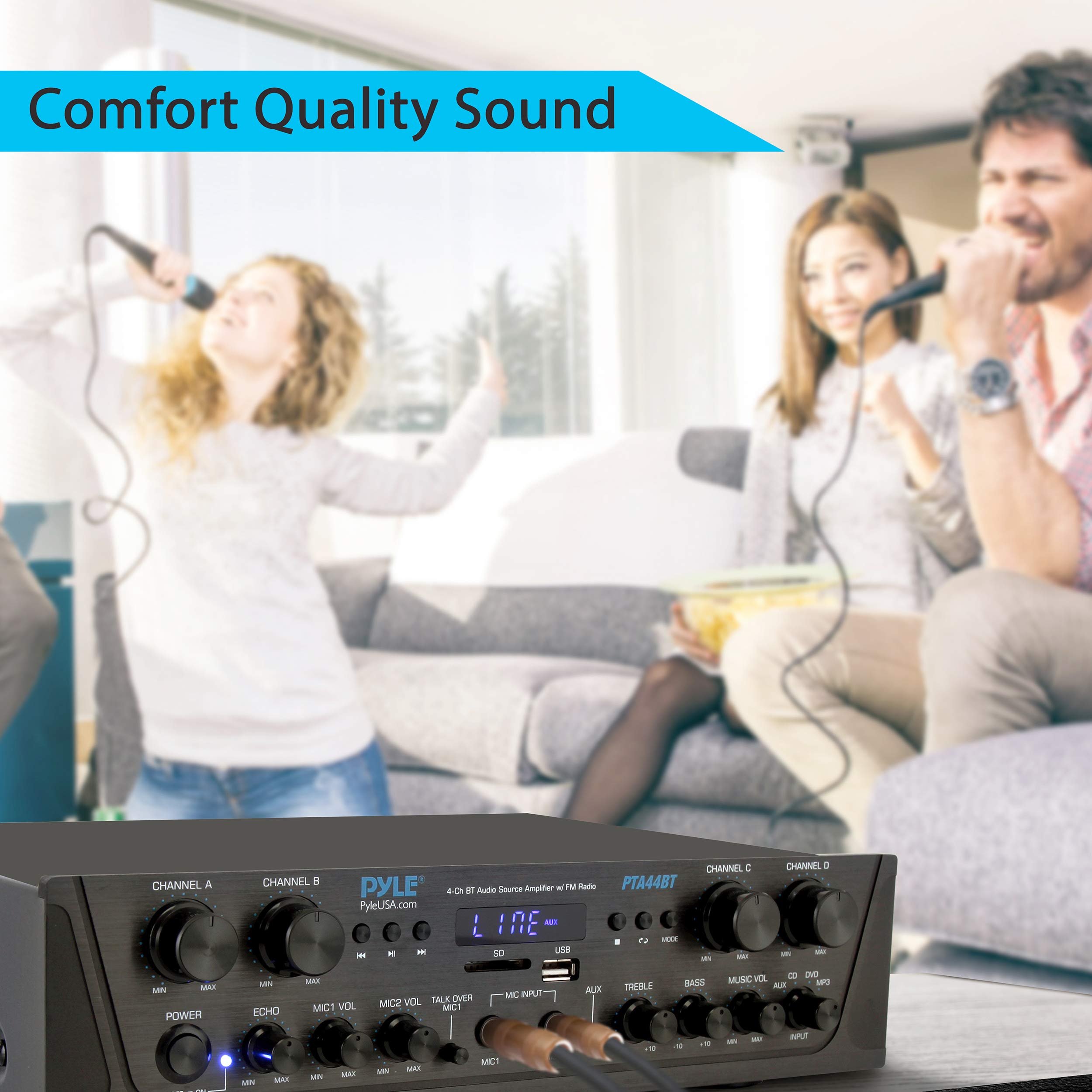 Pyle 500W Karaoke Wireless Bluetooth Amplifier - 4 Channel Stereo Audio Home Theater Speaker Sound Power Receiver with AUX IN, FM, RCA Subwoofer Speakers OUT, USB, Microphone IN with Echo - PTA44BT